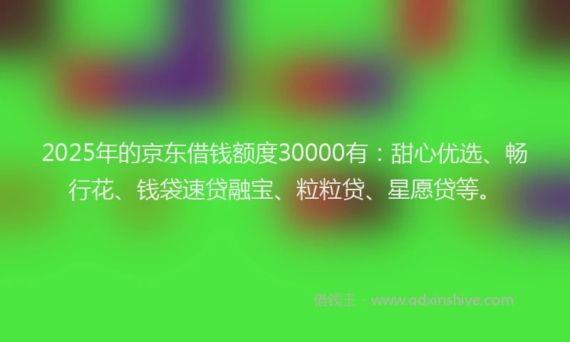 2025年的京东借钱额度30000有：甜心优选、畅行花、钱袋速贷融宝、粒粒贷、星愿贷等。