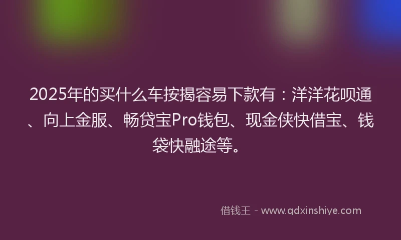 2025年的买什么车按揭容易下款有：洋洋花呗通、向上金服、畅贷宝Pro钱包、现金侠快借宝、钱袋快融途等。