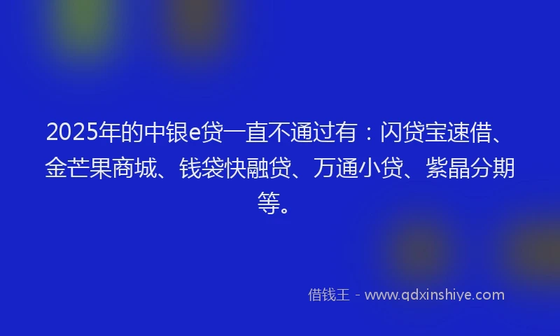 2025年的中银e贷一直不通过有：闪贷宝速借、金芒果商城、钱袋快融贷、万通小贷、紫晶分期等。