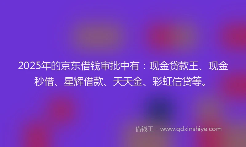 2025年的京东借钱审批中有：现金贷款王、现金秒借、星辉借款、天天金、彩虹信贷等。