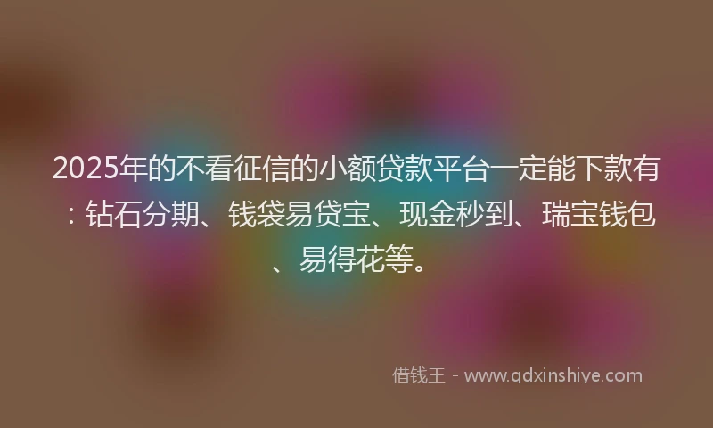 2025年的不看征信的小额贷款平台一定能下款有：钻石分期、钱袋易贷宝、现金秒到、瑞宝钱包、易得花等。