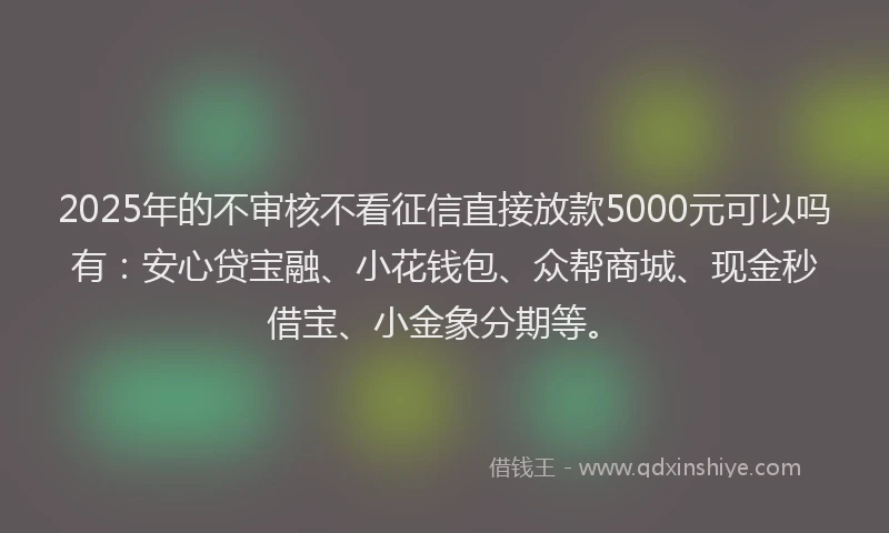 2025年的不审核不看征信直接放款5000元可以吗有：安心贷宝融、小花钱包、众帮商城、现金秒借宝、小金象分期等。