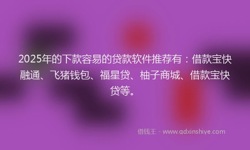 2025年的下款容易的贷款软件推荐有：借款宝快融通、飞猪钱包、福星贷、柚子商城、借款宝快贷等。
