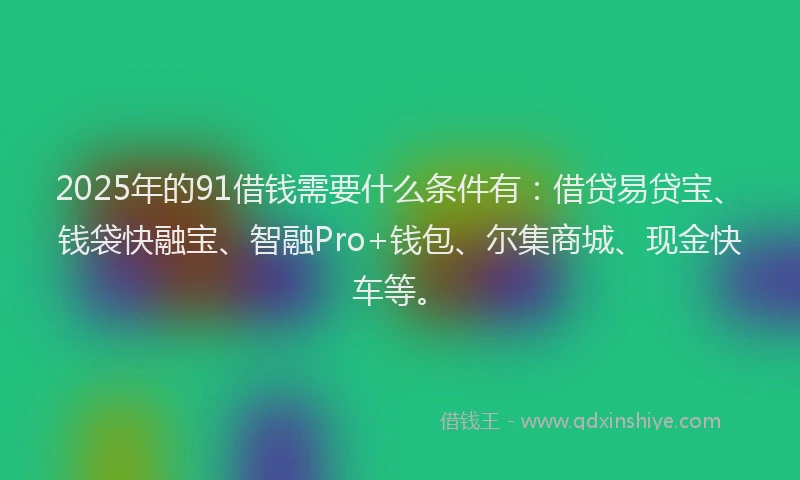 2025年的91借钱需要什么条件有：借贷易贷宝、钱袋快融宝、智融Pro+钱包、尔集商城、现金快车等。