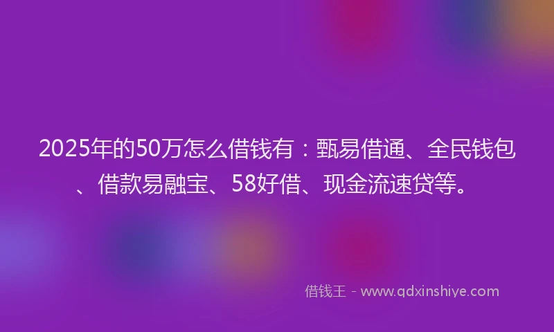 2025年的50万怎么借钱有：甄易借通、全民钱包、借款易融宝、58好借、现金流速贷等。