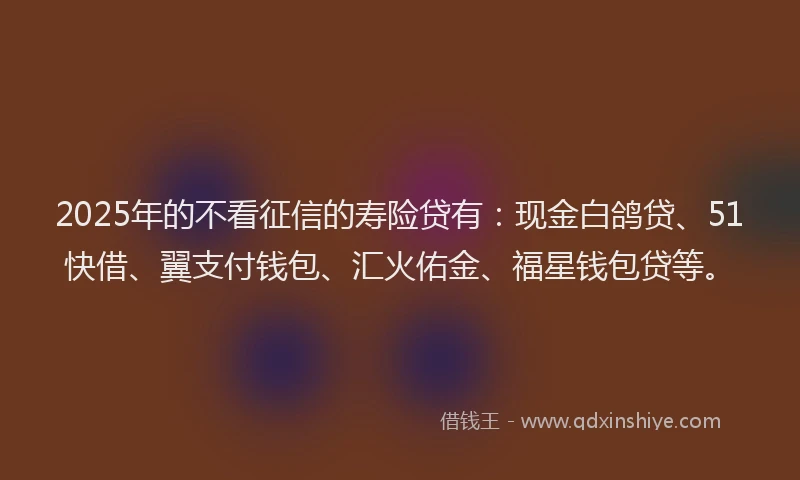 2025年的不看征信的寿险贷有：现金白鸽贷、51快借、翼支付钱包、汇火佑金、福星钱包贷等。