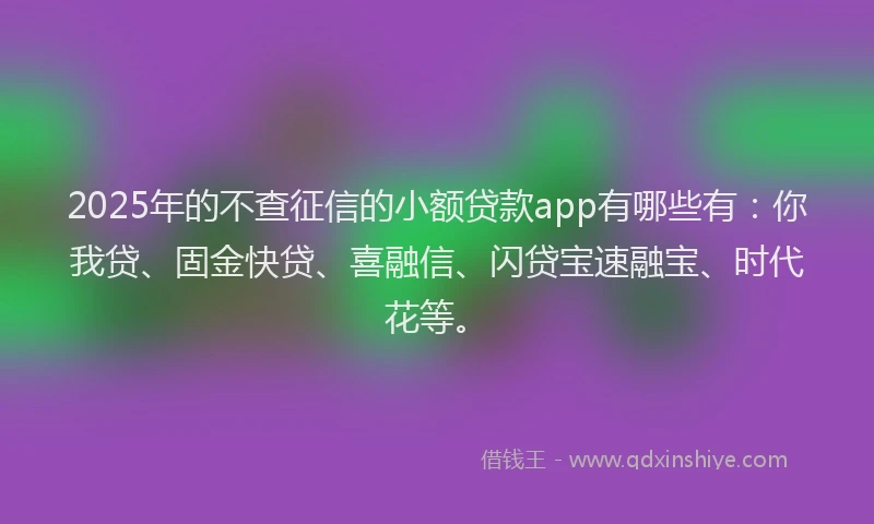 2025年的不查征信的小额贷款app有哪些有：你我贷、固金快贷、喜融信、闪贷宝速融宝、时代花等。