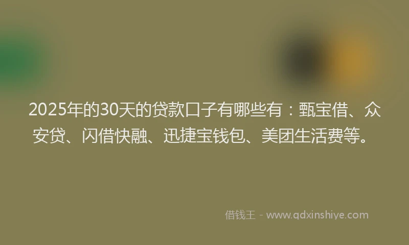 2025年的30天的贷款口子有哪些有：甄宝借、众安贷、闪借快融、迅捷宝钱包、美团生活费等。