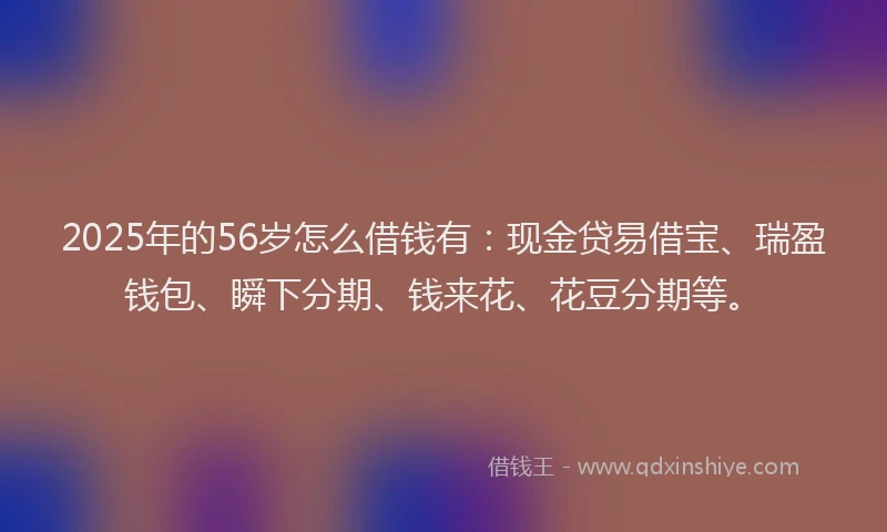 2025年的56岁怎么借钱有：现金贷易借宝、瑞盈钱包、瞬下分期、钱来花、花豆分期等。