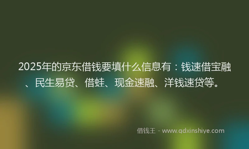 2025年的京东借钱要填什么信息有：钱速借宝融、民生易贷、借蛙、现金速融、洋钱速贷等。