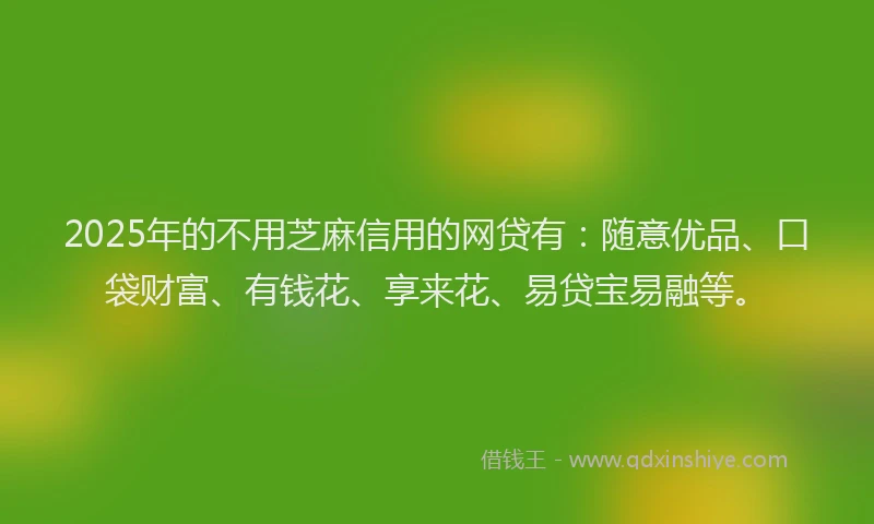 2025年的不用芝麻信用的网贷有：随意优品、口袋财富、有钱花、享来花、易贷宝易融等。