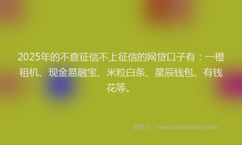 2025年的不查征信不上征信的网贷口子有：一橙租机、现金易融宝、米粒白条、星辰钱包、有钱花等。