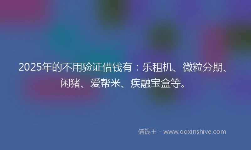 2025年的不用验证借钱有：乐租机、微粒分期、闲猪、爱帮米、疾融宝盒等。