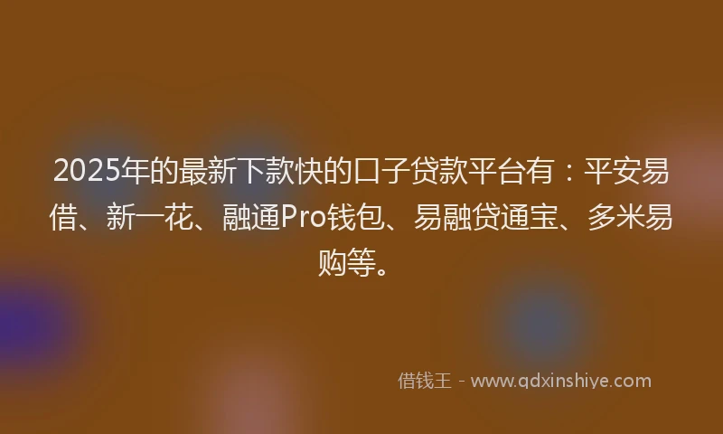2025年的最新下款快的口子贷款平台有：平安易借、新一花、融通Pro钱包、易融贷通宝、多米易购等。