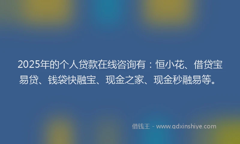 2025年的个人贷款在线咨询有：恒小花、借贷宝易贷、钱袋快融宝、现金之家、现金秒融易等。
