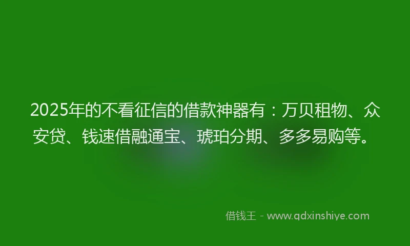 2025年的不看征信的借款神器有：万贝租物、众安贷、钱速借融通宝、琥珀分期、多多易购等。