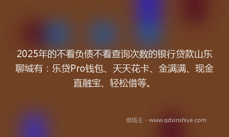 2025年的不看负债不看查询次数的银行贷款山东聊城有：乐贷Pro钱包、天天花卡、金满满、现金直融宝、轻松借等。