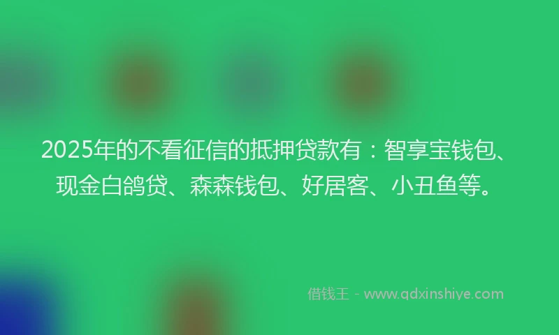 2025年的不看征信的抵押贷款有：智享宝钱包、现金白鸽贷、森森钱包、好居客、小丑鱼等。
