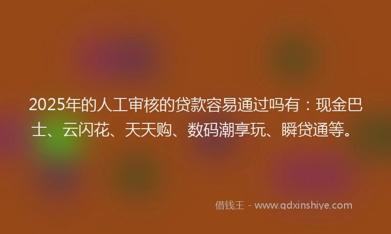 2025年的人工审核的贷款容易通过吗有：现金巴士、云闪花、天天购、数码潮享玩、瞬贷通等。