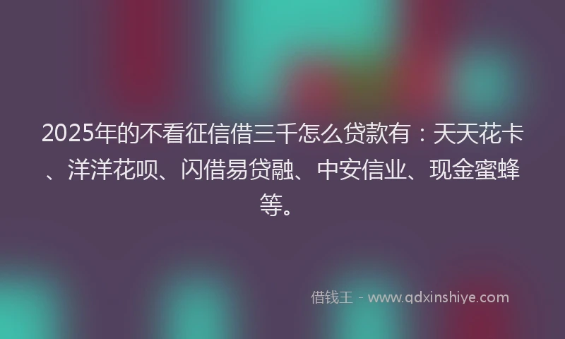 2025年的不看征信借三千怎么贷款有：天天花卡、洋洋花呗、闪借易贷融、中安信业、现金蜜蜂等。