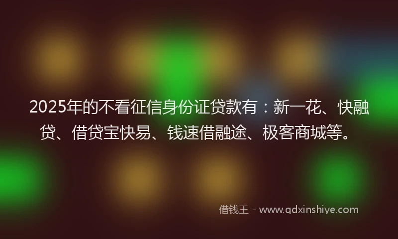 2025年的不看征信身份证贷款有：新一花、快融贷、借贷宝快易、钱速借融途、极客商城等。