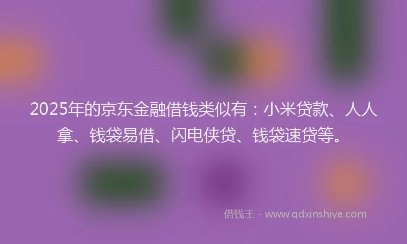 2025年的京东金融借钱类似有：小米贷款、人人拿、钱袋易借、闪电侠贷、钱袋速贷等。