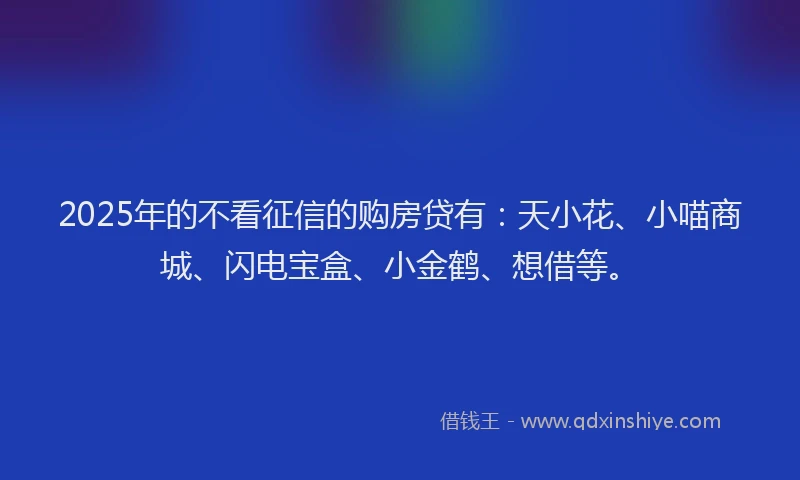 2025年的不看征信的购房贷有：天小花、小喵商城、闪电宝盒、小金鹤、想借等。