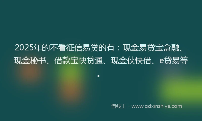 2025年的不看征信易贷的有：现金易贷宝盒融、现金秘书、借款宝快贷通、现金侠快借、e贷易等。