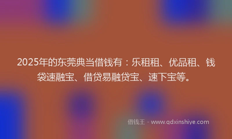 2025年的东莞典当借钱有：乐租租、优品租、钱袋速融宝、借贷易融贷宝、速下宝等。