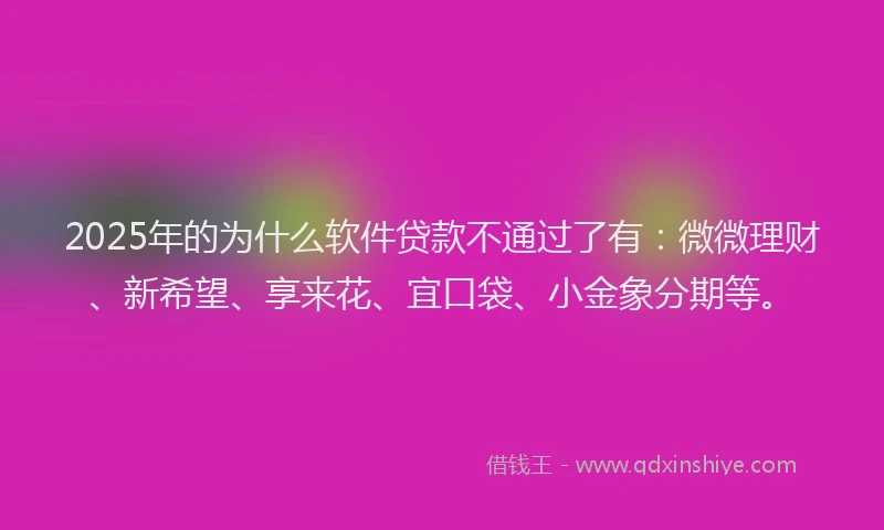2025年的为什么软件贷款不通过了有：微微理财、新希望、享来花、宜口袋、小金象分期等。