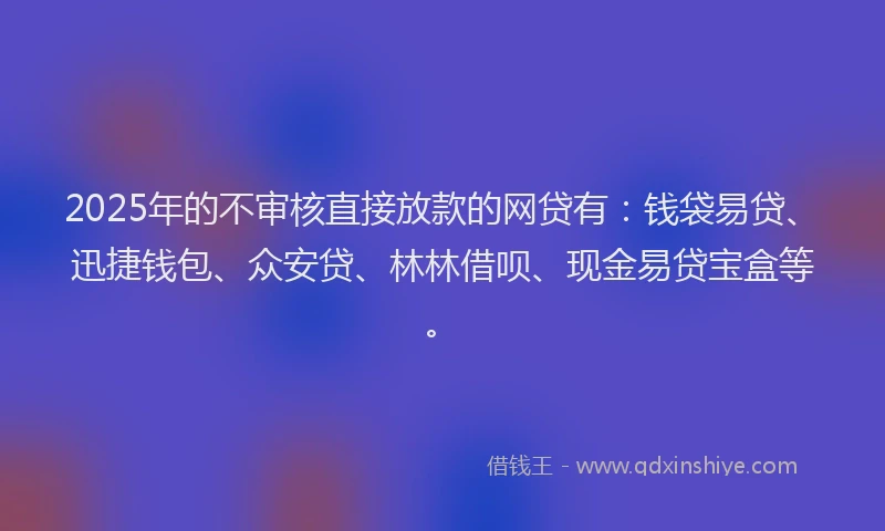 2025年的不审核直接放款的网贷有：钱袋易贷、迅捷钱包、众安贷、林林借呗、现金易贷宝盒等。