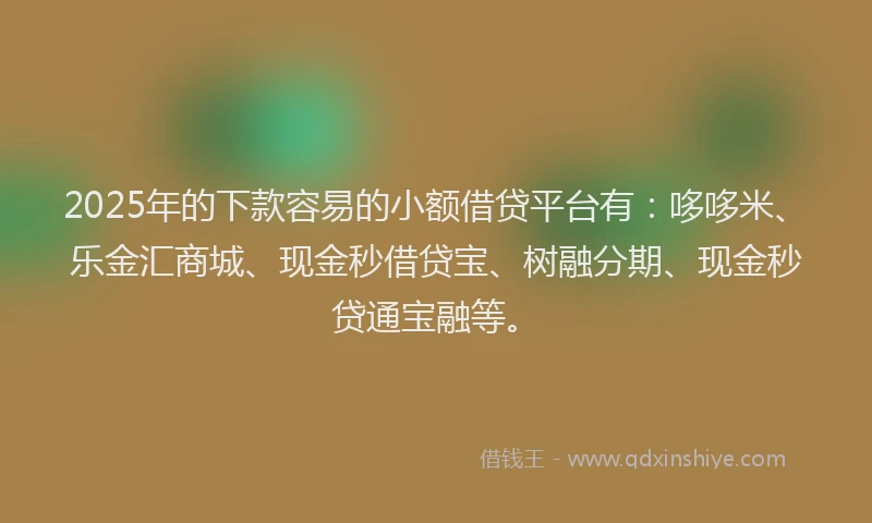 2025年的下款容易的小额借贷平台有：哆哆米、乐金汇商城、现金秒借贷宝、树融分期、现金秒贷通宝融等。