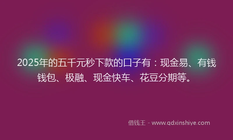 2025年的五千元秒下款的口子有：现金易、有钱钱包、极融、现金快车、花豆分期等。