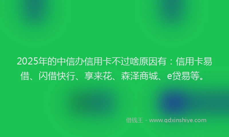 2025年的中信办信用卡不过啥原因有：信用卡易借、闪借快行、享来花、森泽商城、e贷易等。