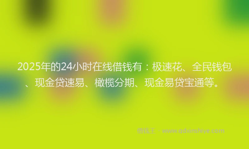 2025年的24小时在线借钱有：极速花、全民钱包、现金贷速易、橄榄分期、现金易贷宝通等。