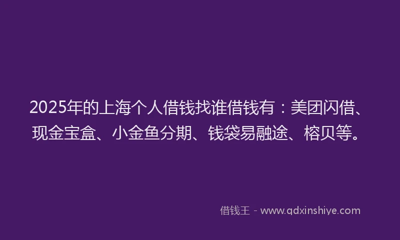 2025年的上海个人借钱找谁借钱有：美团闪借、现金宝盒、小金鱼分期、钱袋易融途、榕贝等。