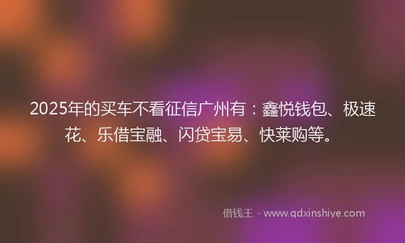 2025年的买车不看征信广州有：鑫悦钱包、极速花、乐借宝融、闪贷宝易、快莱购等。
