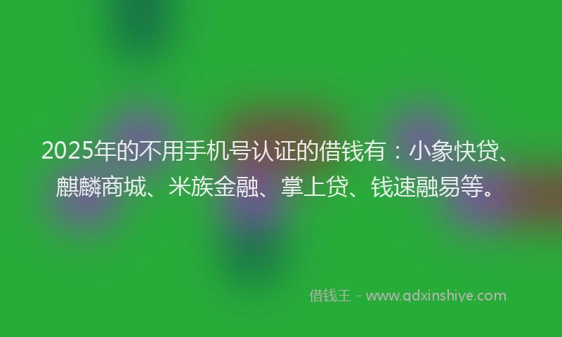2025年的不用手机号认证的借钱有：小象快贷、麒麟商城、米族金融、掌上贷、钱速融易等。