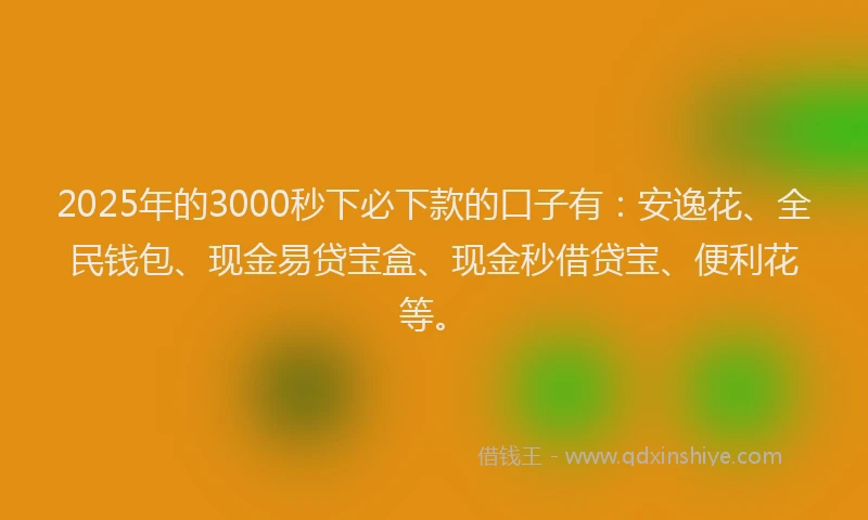 2025年的3000秒下必下款的口子有：安逸花、全民钱包、现金易贷宝盒、现金秒借贷宝、便利花等。