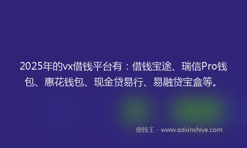 2025年的vx借钱平台有：借钱宝途、瑞信Pro钱包、惠花钱包、现金贷易行、易融贷宝盒等。