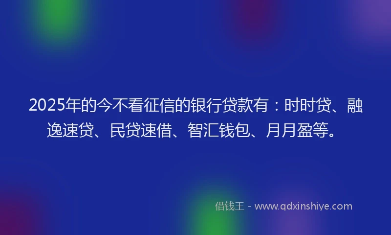 2025年的今不看征信的银行贷款有：时时贷、融逸速贷、民贷速借、智汇钱包、月月盈等。