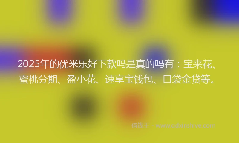 2025年的优米乐好下款吗是真的吗有：宝来花、蜜桃分期、盈小花、速享宝钱包、口袋金贷等。