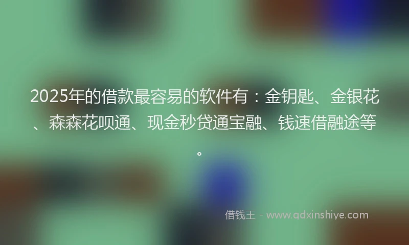 2025年的借款最容易的软件有：金钥匙、金银花、森森花呗通、现金秒贷通宝融、钱速借融途等。
