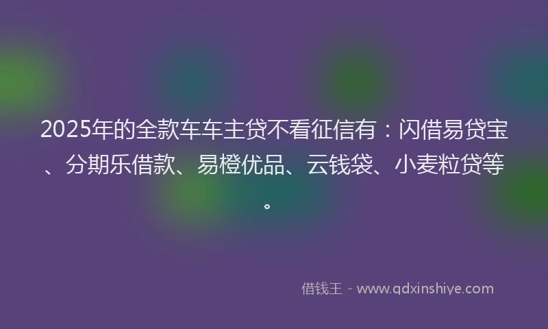 2025年的全款车车主贷不看征信有：闪借易贷宝、分期乐借款、易橙优品、云钱袋、小麦粒贷等。