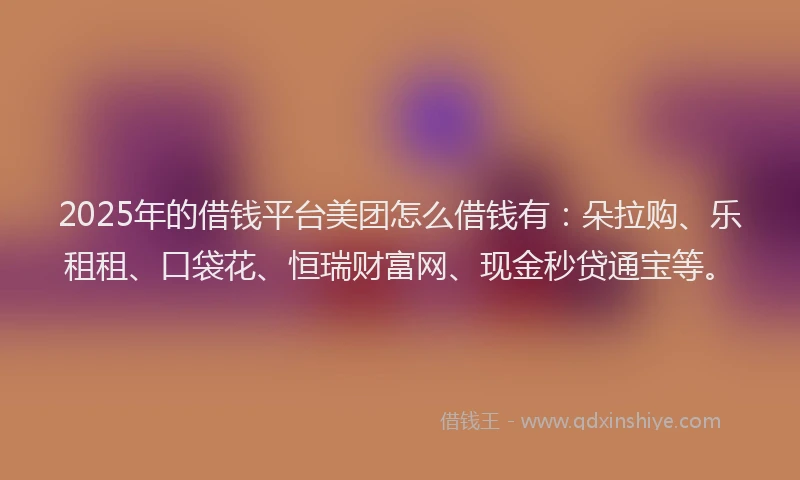 2025年的借钱平台美团怎么借钱有：朵拉购、乐租租、口袋花、恒瑞财富网、现金秒贷通宝等。