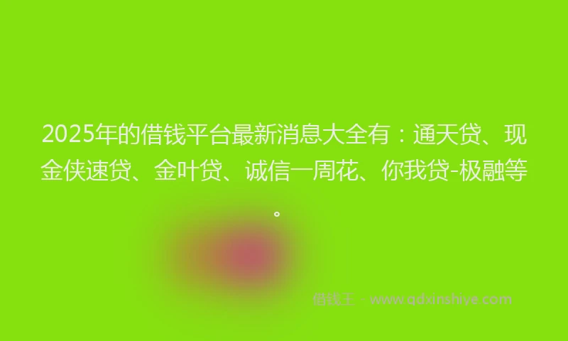 2025年的借钱平台最新消息大全有：通天贷、现金侠速贷、金叶贷、诚信一周花、你我贷-极融等。