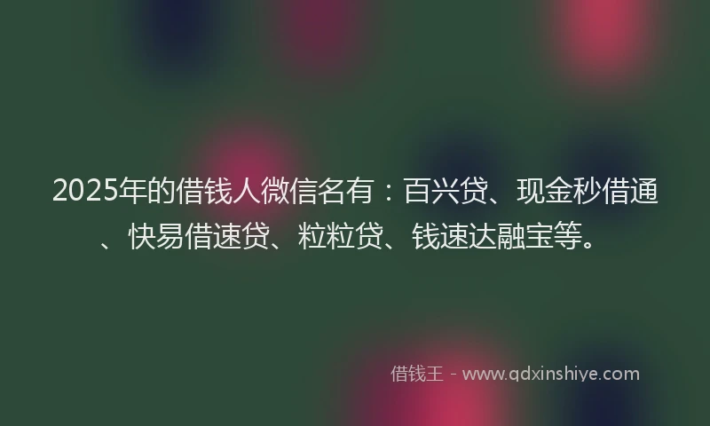 2025年的借钱人微信名有：百兴贷、现金秒借通、快易借速贷、粒粒贷、钱速达融宝等。