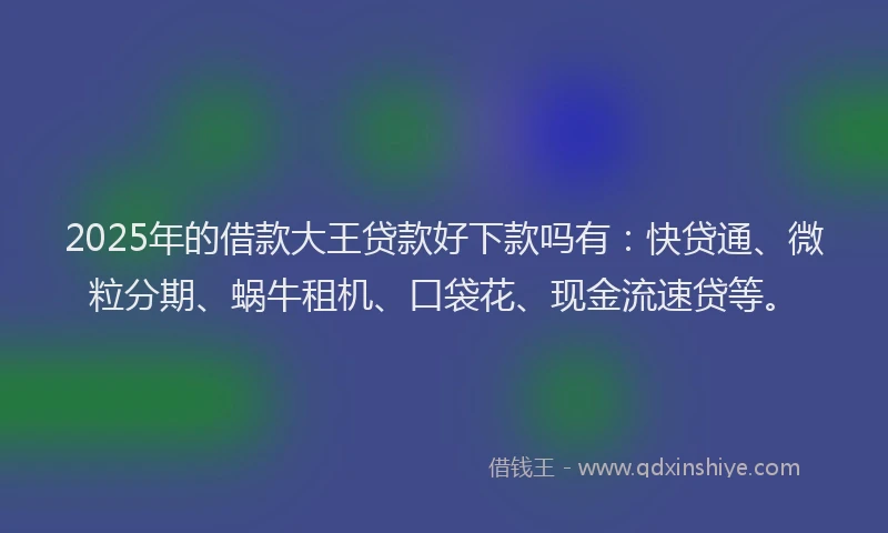 2025年的借款大王贷款好下款吗有：快贷通、微粒分期、蜗牛租机、口袋花、现金流速贷等。