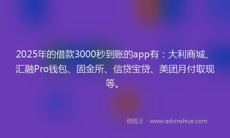2025年的借款3000秒到账的app有：大利商城、汇融Pro钱包、固金所、信贷宝贷、美团月付取现等。