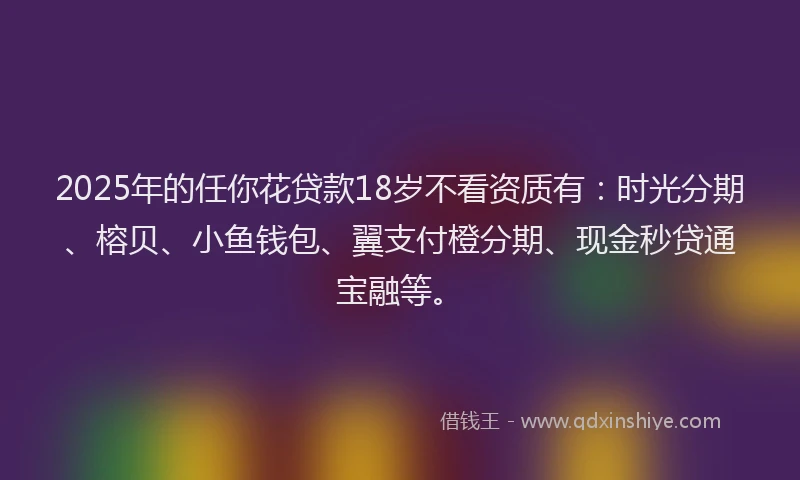 2025年的任你花贷款18岁不看资质有：时光分期、榕贝、小鱼钱包、翼支付橙分期、现金秒贷通宝融等。